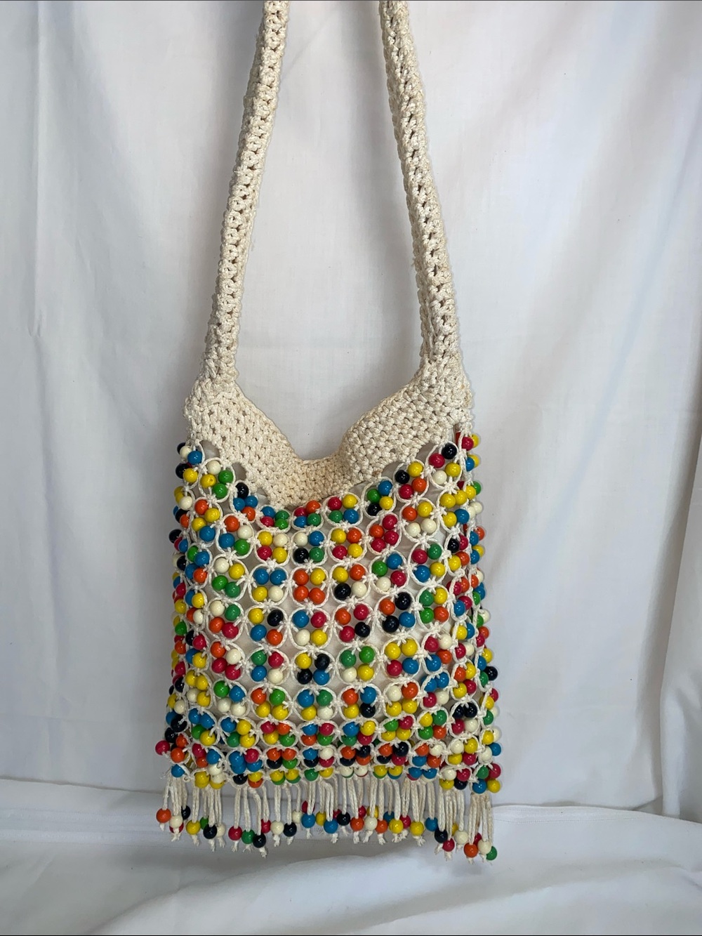 Walborg Cream Crochet Shoulder Bag with Multicolor Beads